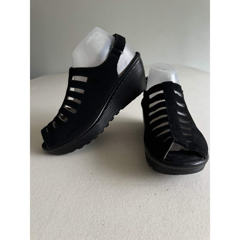 SKECHERS Parallel Trapezoid Wedge Sandal Black Size 9 Peep Toe Suede Leather